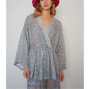 Romualda Top Oaju Rito Blue Linen Blend Lagenlook Sz S